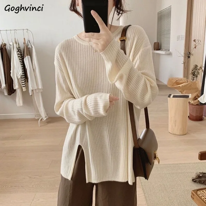 

Pullover Woman Solid Slit Elegant Office Ladies Casual Cozy Summer Sun-proof All-match Korean Style Simple Trendy Daily Clothes