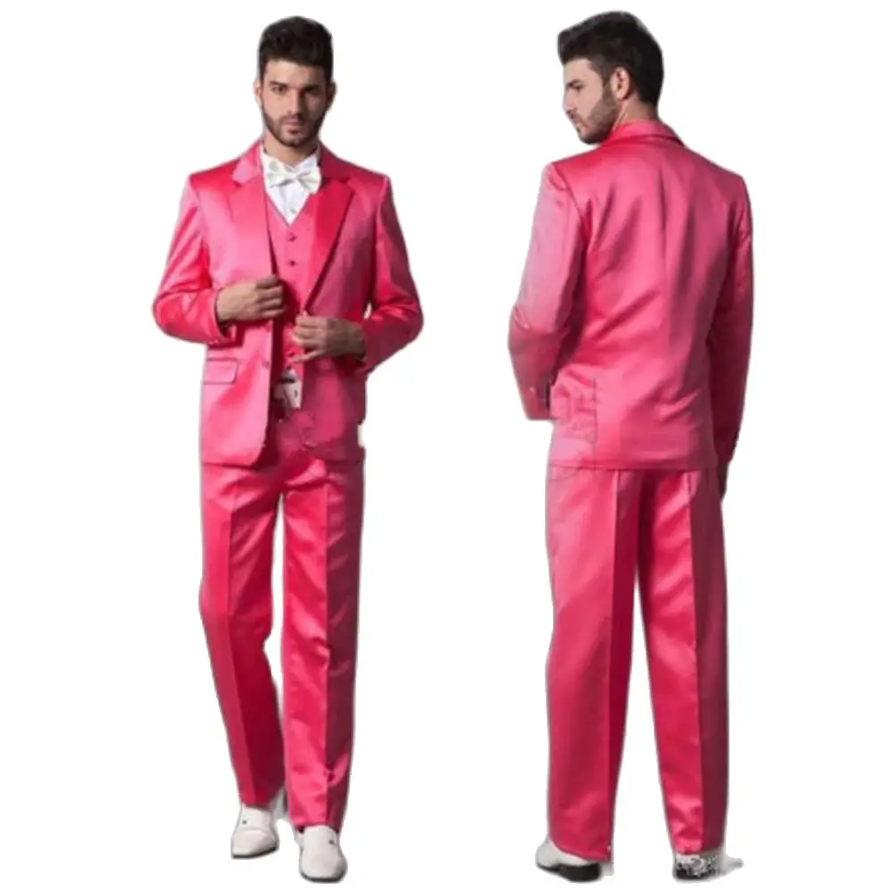 

3Pcs Hot Pink Shiny Satin Blazer Trousers Men Suits Notch Lapel Jacket Pants Vest Tuxedo Custom Made Wedding Party Wear Clothing