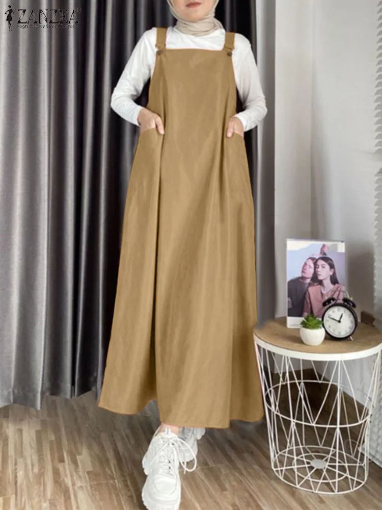 

Винтажное осеннее длинное платье ZANZEA, большой размер, женский элегантный Однотонный сарафан на бретельках, платья, мусульманская абайя, женское платье, женский сарафан