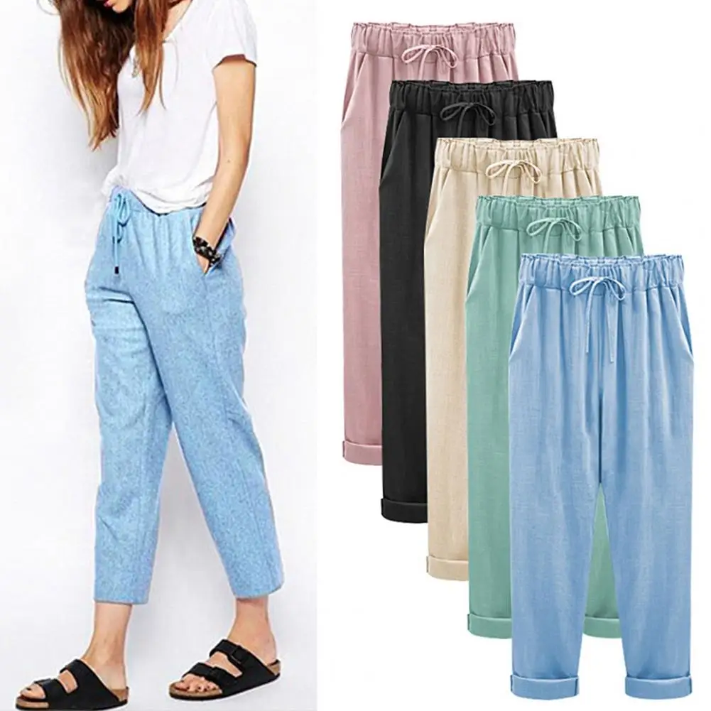 

Thin Elastic Waist Women Trousers Side Pockets Drawstring Wide Leg Casual Trousers Ladies Clothing