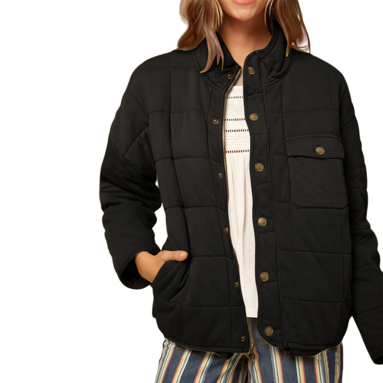 

Women's Quilted Lattice Coat Pocket Loose Ladies Korean Fashion Jacket Button Long Sleeve Stand Collar Warm Winter Coat 4