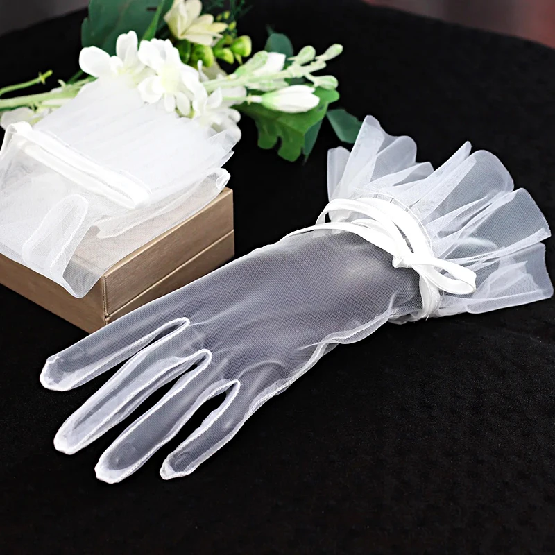 Модные Элегантные Свадебные короткие белые перчатки дышащие тюлевые Ленточные