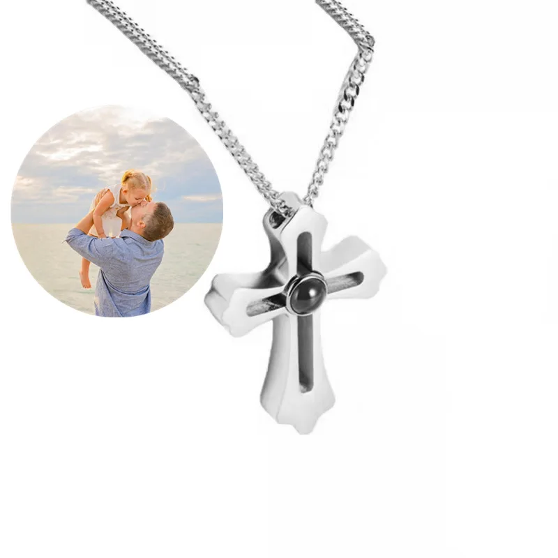 

Stainless Cross Photo Custom Projection Necklace with Your Picture Pet Projection Pendant Family Memory Valentine's Day Gift