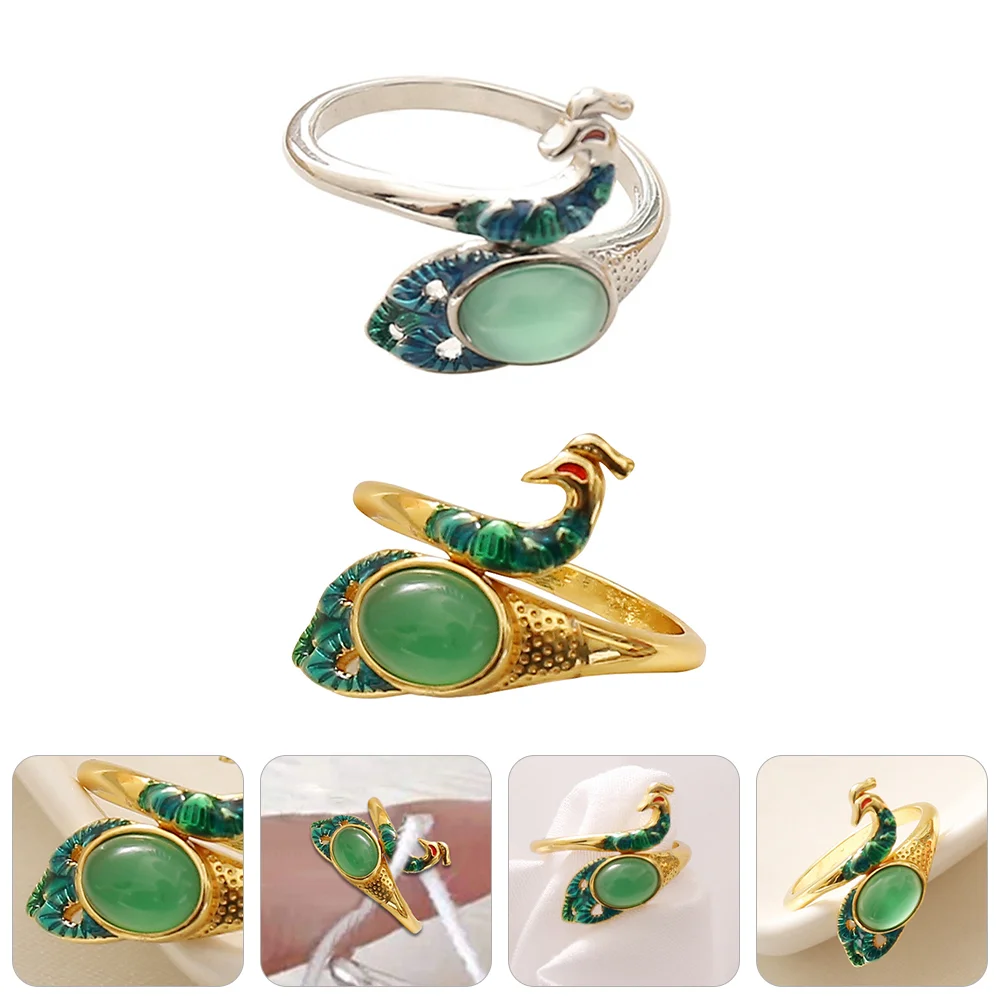 

2 Pcs Emeraldstone Ring Adjustable Rings Women Peacock Open Ring Memorial Jewelry Knitted Peacock Ring Thimble Yarn Guide Rings