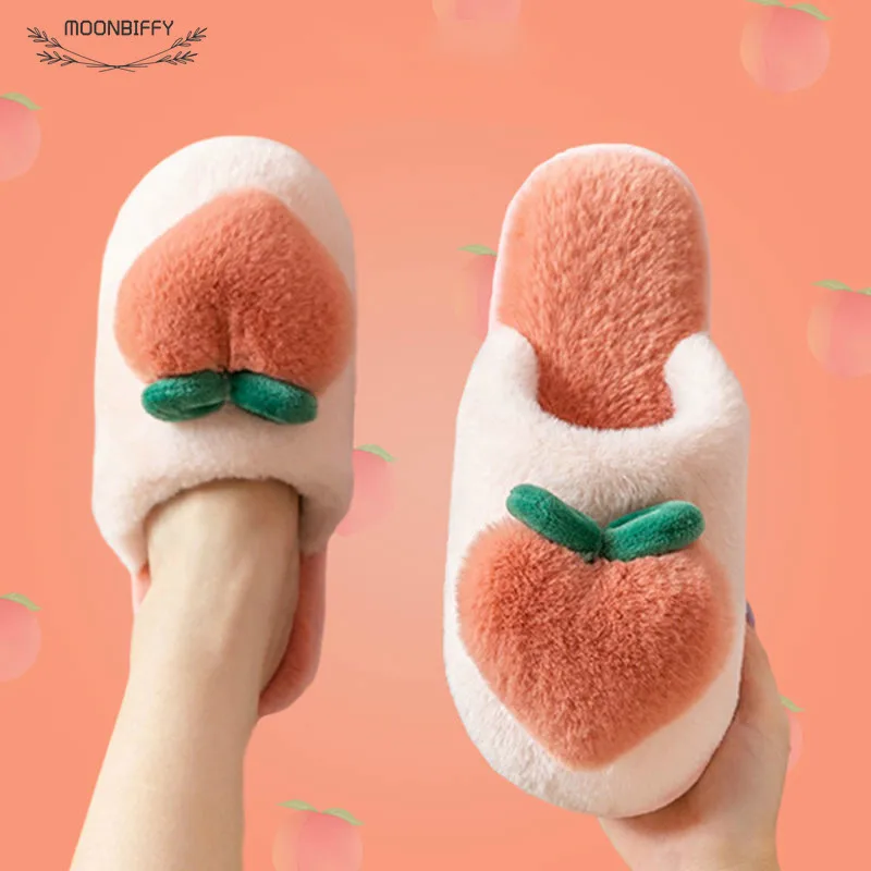 

2022 Slippers for Home Peach Chinelos Women's Flip-Flops Cartoon Fur Winter Warm Non-Slip Floor Kawaii Shoes Women Shoes Slides