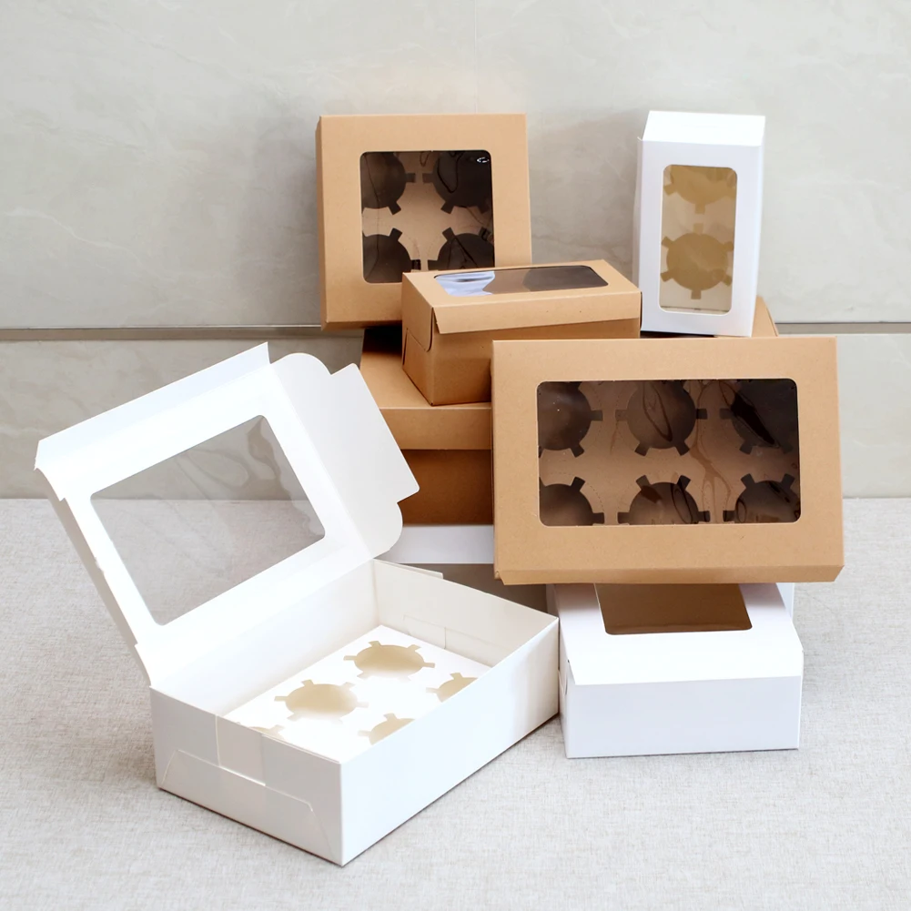 

10Pcs Kraft Paper Cupcake Packing Box with Window Cardboard Cake Muffin Cookies Candy Wedding Party Birthday Favors 4 Sizes