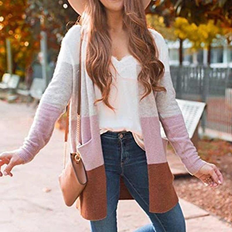 

New Stripe Color Contrast Long Sweater Women's Clothing 2023 Fashion Large Pocket Coats Autumn Winter Long Cardigan Female