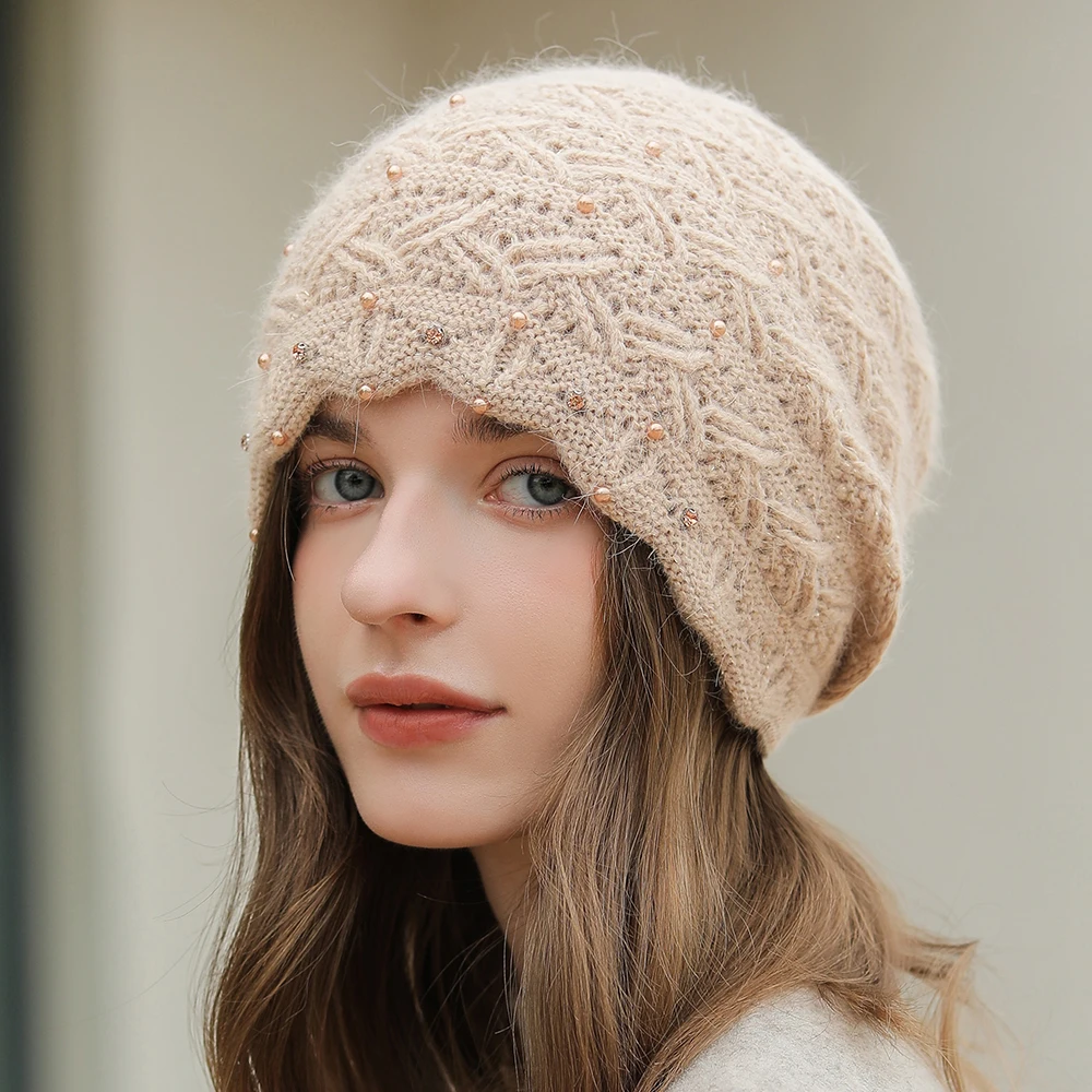 

New Winter Hat For Women Girl Outdoor Windproof Knitted Hat Fashion Pearl Beanie Hat Rabbit Fur Blend Thick Warm Berets Cap