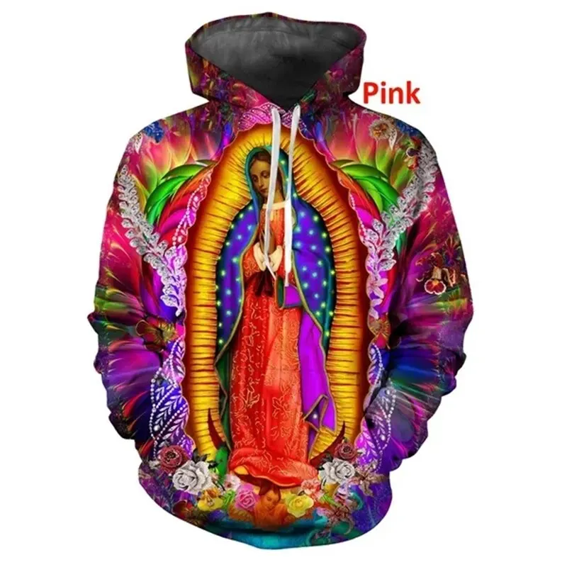 Full Print Blessed Virgin Mary Jesus Graphic Hoodies Faith Love Hope Casual Hoodie For Men Women Long Sleeve Pullover Sweatshirt
