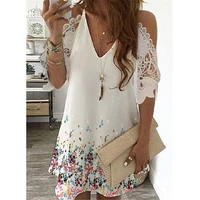 summer print women dress cold shoulder sling type sleeveless v neck loose waist a line skirt dress ladies floral mini sundress
