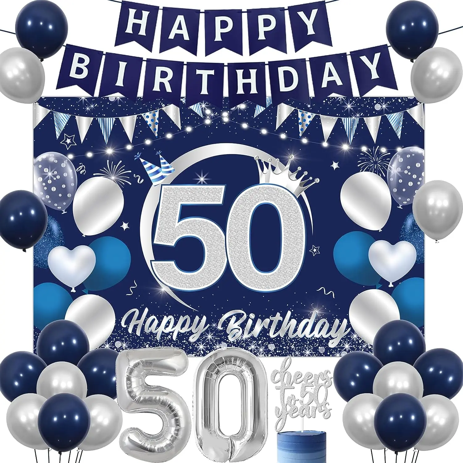 

Navy Blue Birthday Decorations for Men and Women, Happy 50th Birthday, Backdrop Banner for 50 Years Old Cheers to 50 Anniversary