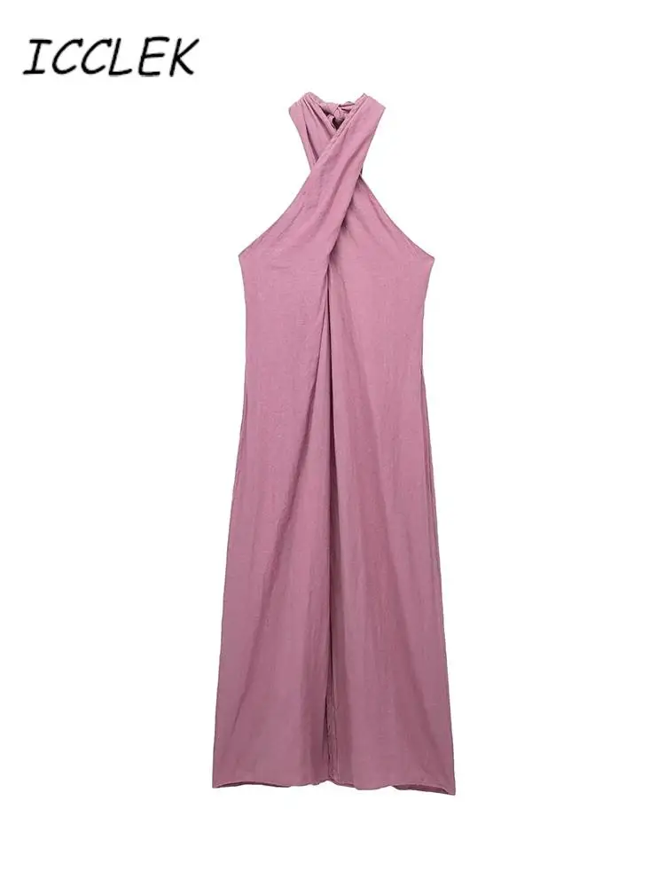

Icclek Pink Halter Dress For Women Summer Long Dress Casual Holiday Straight Dress Loose Cross Halter Dresses Linen Cotton Dress