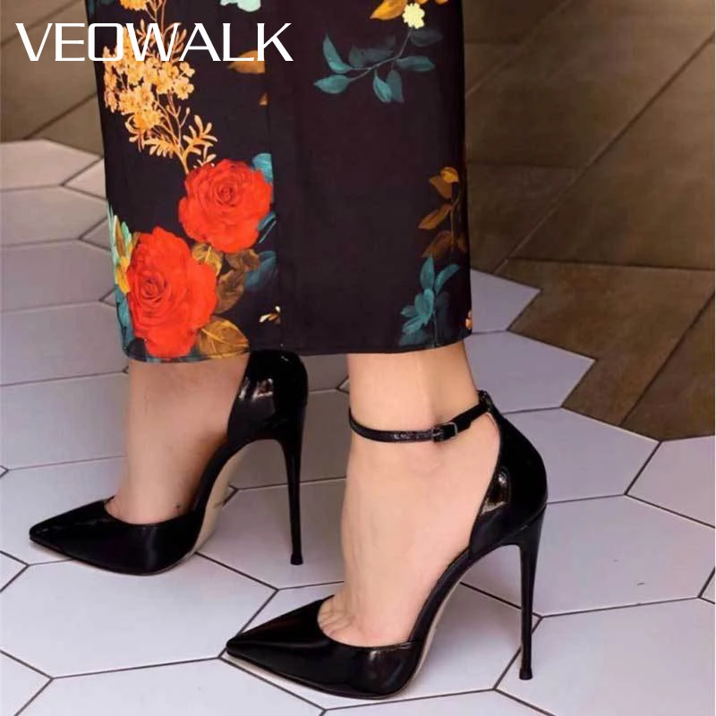 

Veowalk Ankle Strap Women Black Patent D'Orsay Stiletto Pumps Pointy Toe Ultra High Heels for Elegant Ladies Party Dress Shoes
