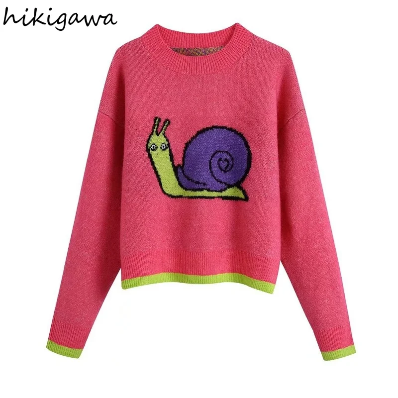 

HIkigawa новые женские шикарные модные Мультяшные Животные жаккардовые вязаные пуловеры повседневные с круглым вырезом и длинным рукавом Розо...