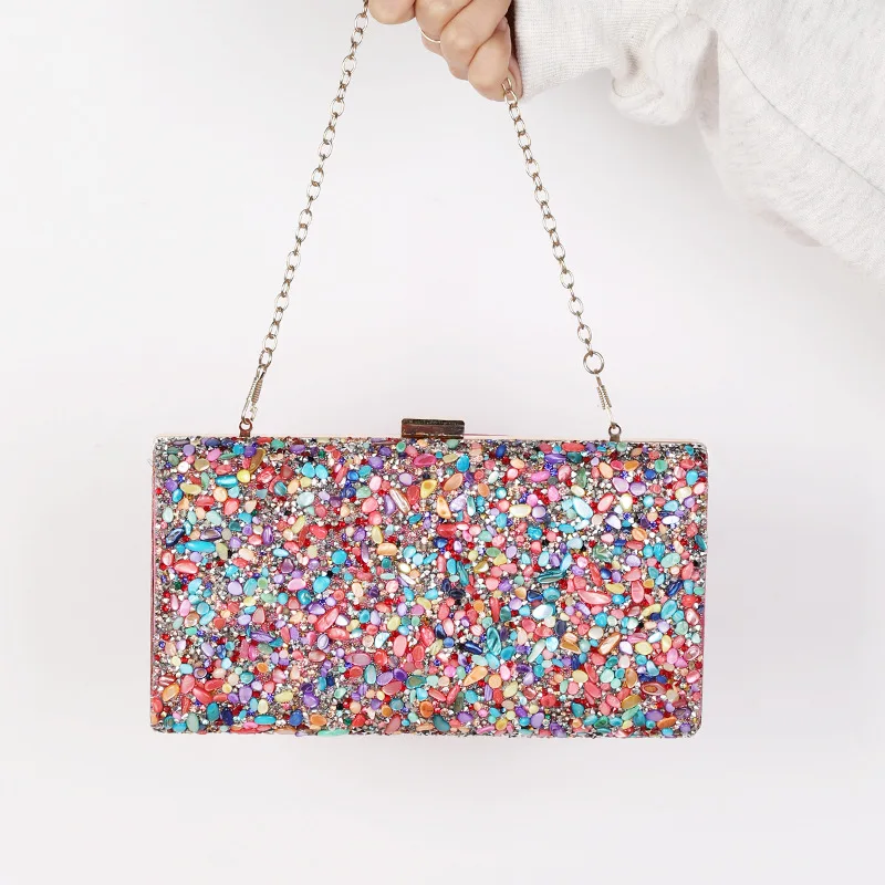 

2023 Colorful Stone Shoulder Bag Chain for Girls Casual Waterproof Makeup Bag Pink Gold Bag for Women Fashion Mini Sweet Handbag
