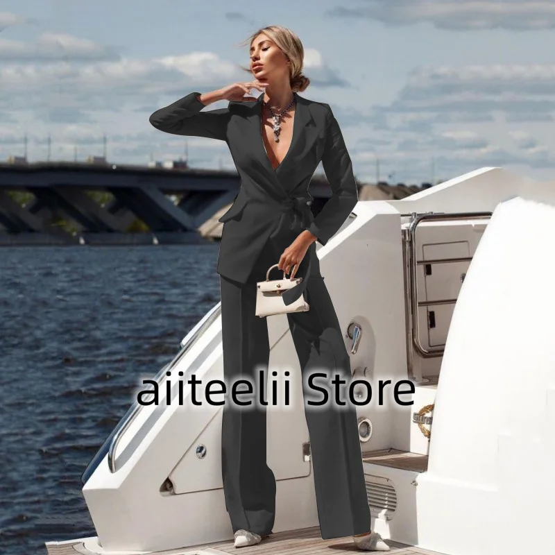 Women's Suit Two-piece Suit Fashion Pure White Handsome Lapel Collar (Jacket + Trousers) With Belt Deep V Suitable for Business