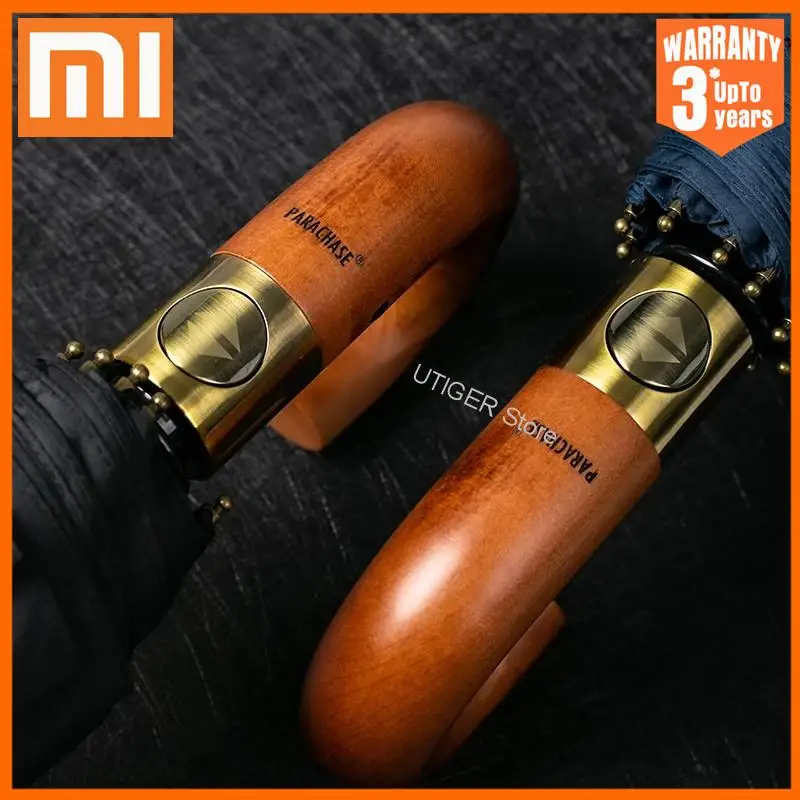 

Автоматический зонт Xiaomi мужской с деревянной изогнутой ручкой, уличный большой складной зонт от дождя, ветрозащитные зонты для отеля 10K