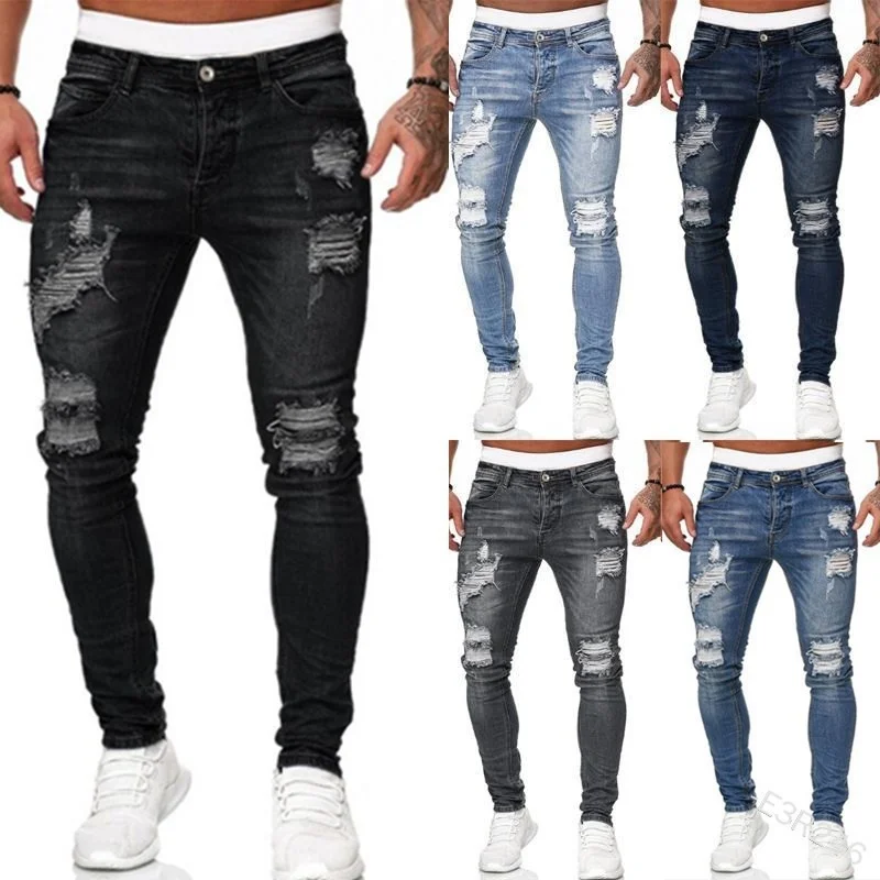 

Mens Ripped Jeans Skinny Stretchy Hole Pencil Pants Men Biker Trousers Streetwear Scratched 2022 High Quality Blue Denim Jeans