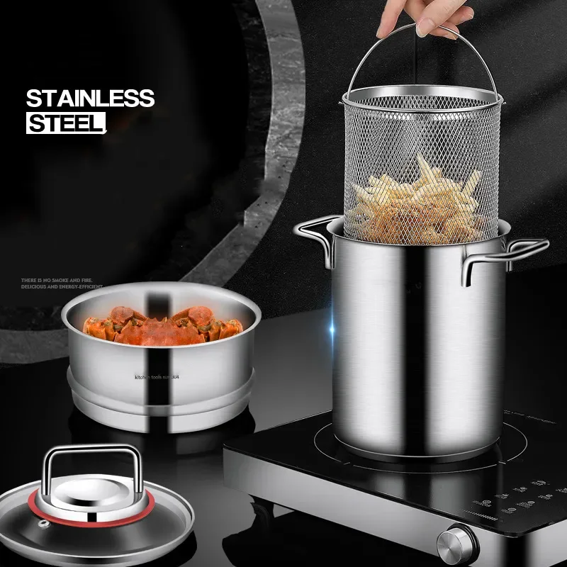 

Новая глубокая Жаровня из нержавеющей стали 304 с термометром и крышкой, многофункциональная Бытовая кухонная посуда, большая емкость, суп