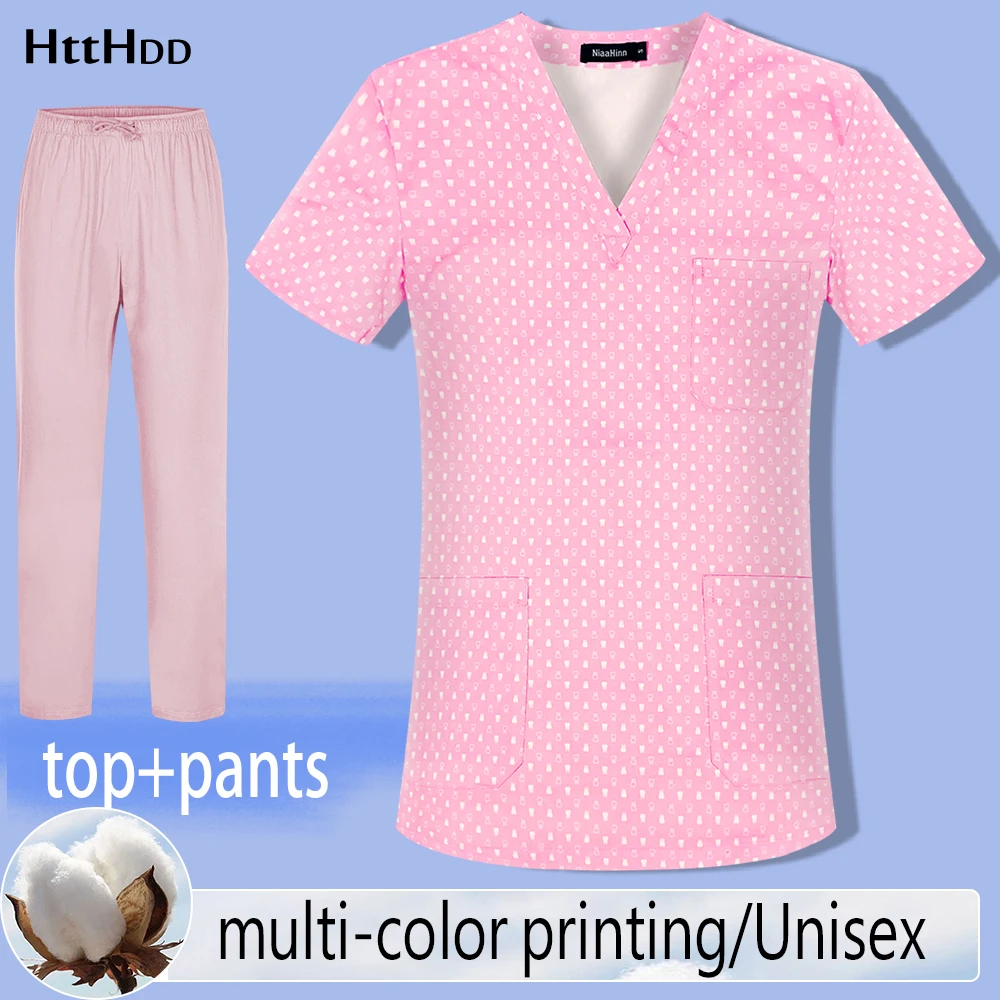 

Woman Scrub Uniform Top Cotton Pink Printed Nutritionist Beauty Salon Frosted Workwear V-neck Short Sleeve Shirt Three Pockets
