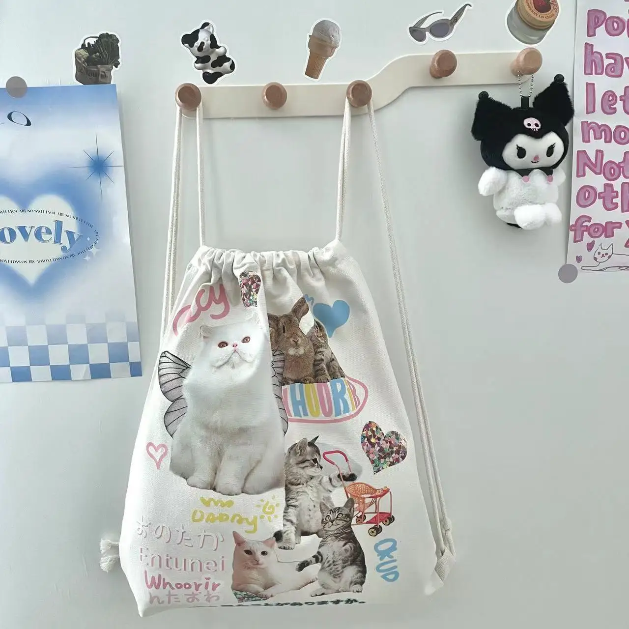 

Harajuku Vintage Cat Print Canvas Bags Korean Cartoon Chic Drawstring Schoolbags Y2k Aesthetic Casual All Match Women Backpack