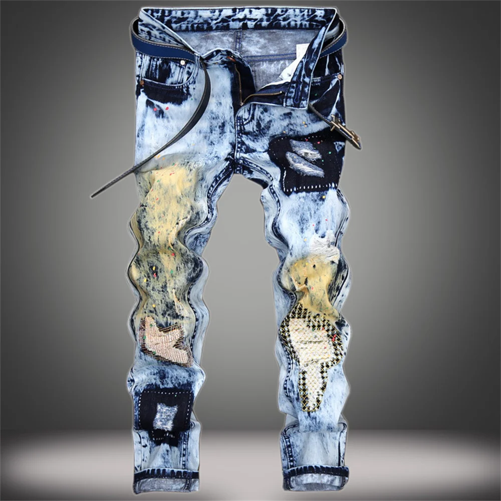 Men's Jeans With Ink Splashing Holes Straight Slim Personality Old-Fashioned Color-Blocking Patch Male Casual Denim Pants
