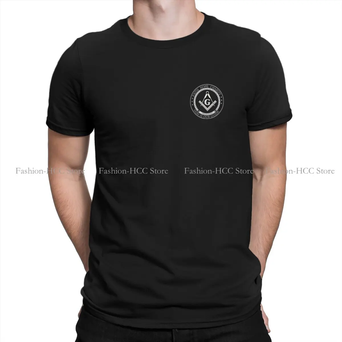 

Design Round Collar TShirt Freemason Gold Square Compass Basic Polyester T Shirt Man's Tops Individuality