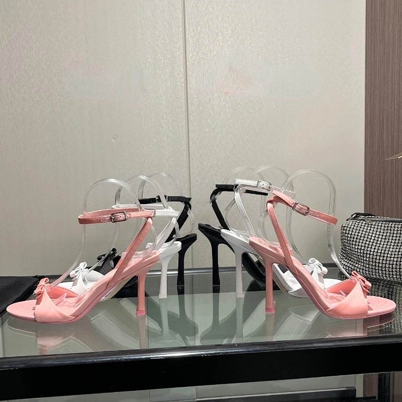 Women's Sandals 2023 Summer New Fashion Banquet Rhinestone Letter Buckle Bow High Heel Sexy Slim Heel Open Toe Roman Shoes