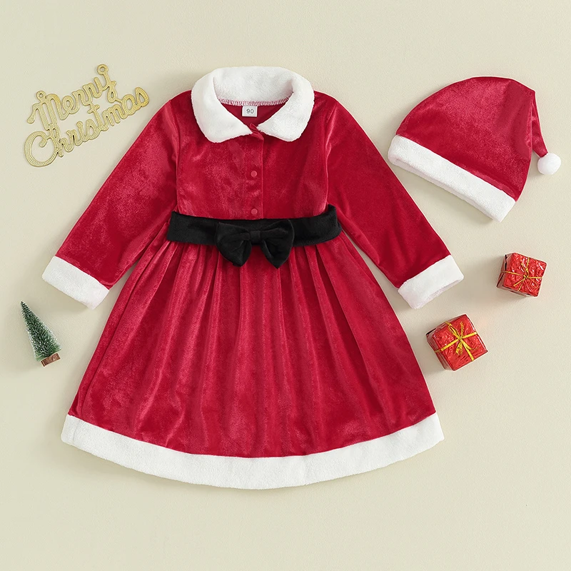 

Рождественский наряд для маленьких девочек, бархатное платье с шапкой Санты для малышей, платье с длинным рукавом и оборками, бархатное платье-пачка на пуговицах с поясом