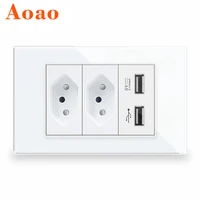 brazil standard wall plug socket dual socket fireproof material usb 2a usb port fast charge household appliances tempered glass