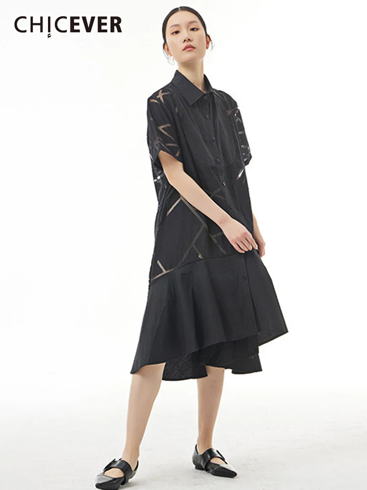 

CHICEVER Платье с принтом для женщин, с отворотом, с коротким рукавом, в стиле пэчворк, большие свободные платья для женщин, 2022, летняя одежда, мод...