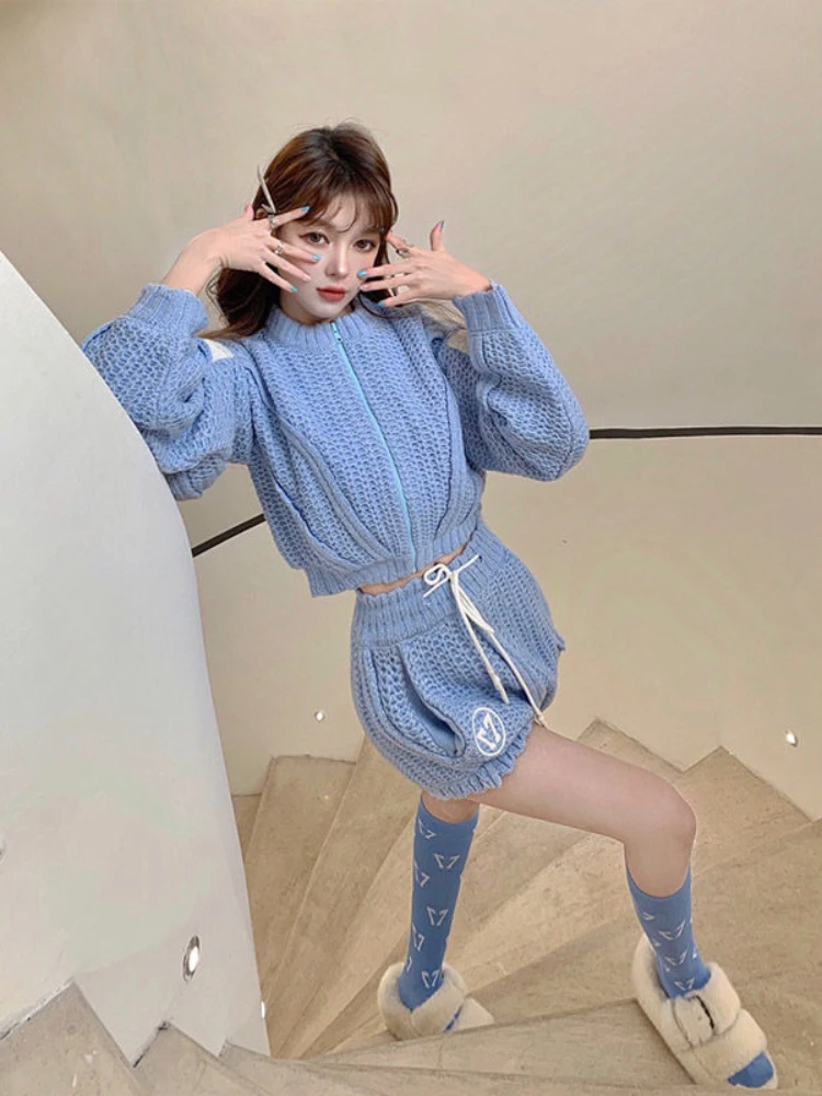 

2023 Japanese Y2k Two Pieces Sets Korean Streetwear Autumn Office Lady Outfits Knitted Cropped Cardigan+High Waist Shorts Lolita