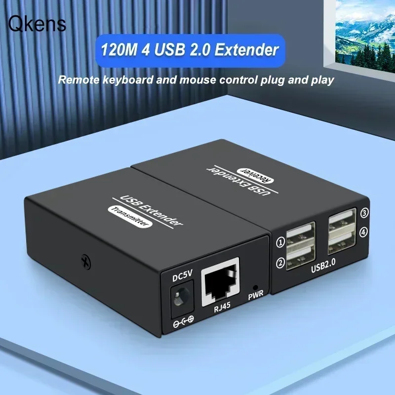 Фото Удлинитель USB 2.0 на 120 м через Ethernet (RJ45, Cat6) с 4 портами: передатчик-приемник для клавиатуры, мыши, принтера, сканера, USB-накопителей №1