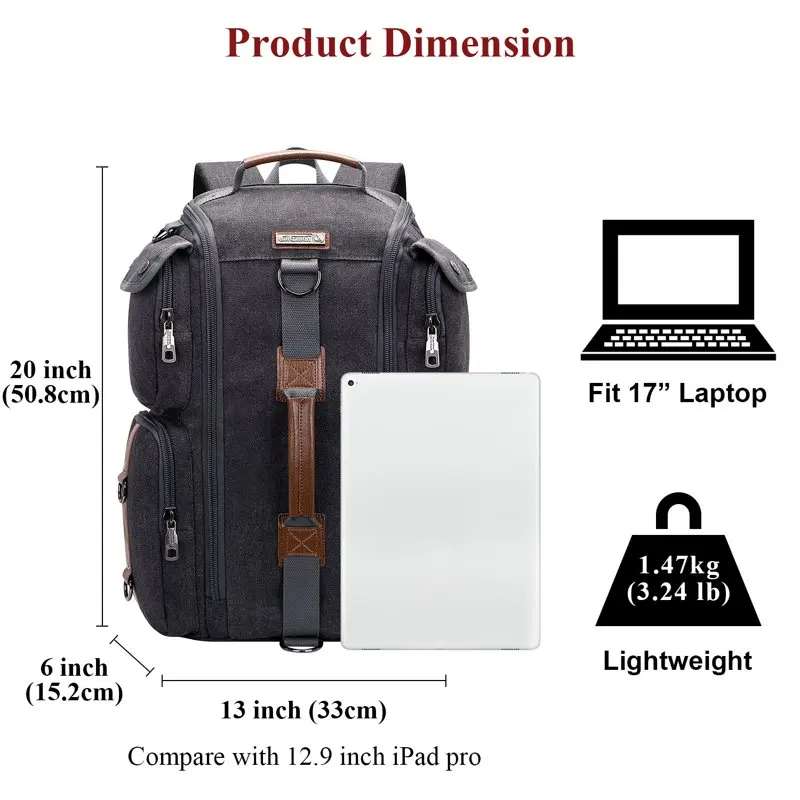 Travel Backpack for Men Carry On Canvas Backpack Outdoor Duffel Bag 6661 Black