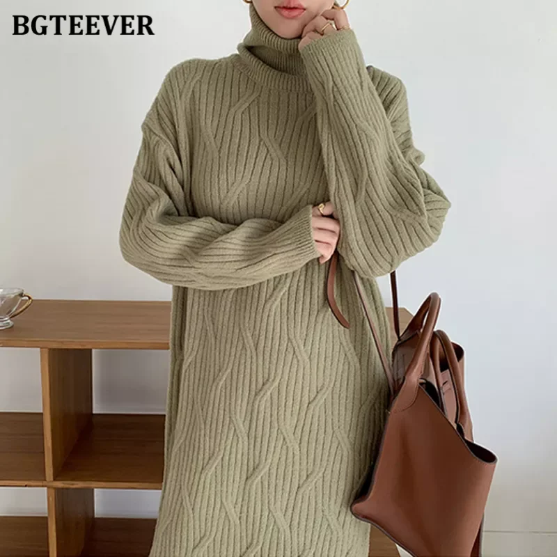 

BGTEEVER Stylish Thick Turtleneck Long Twisted Knitted Jumper Dress Women Winter Warm Loose Straight Sweater Vestidos Femme 2021