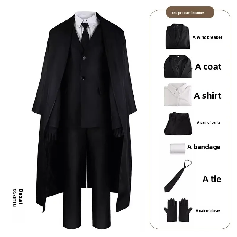 Фото Homchee Trends - Костюм для косплея по аниме Bungo Stray Dogs: черный плащ и униформа Осаму Дазая для аниме-фестивалей и Comic Con. №4