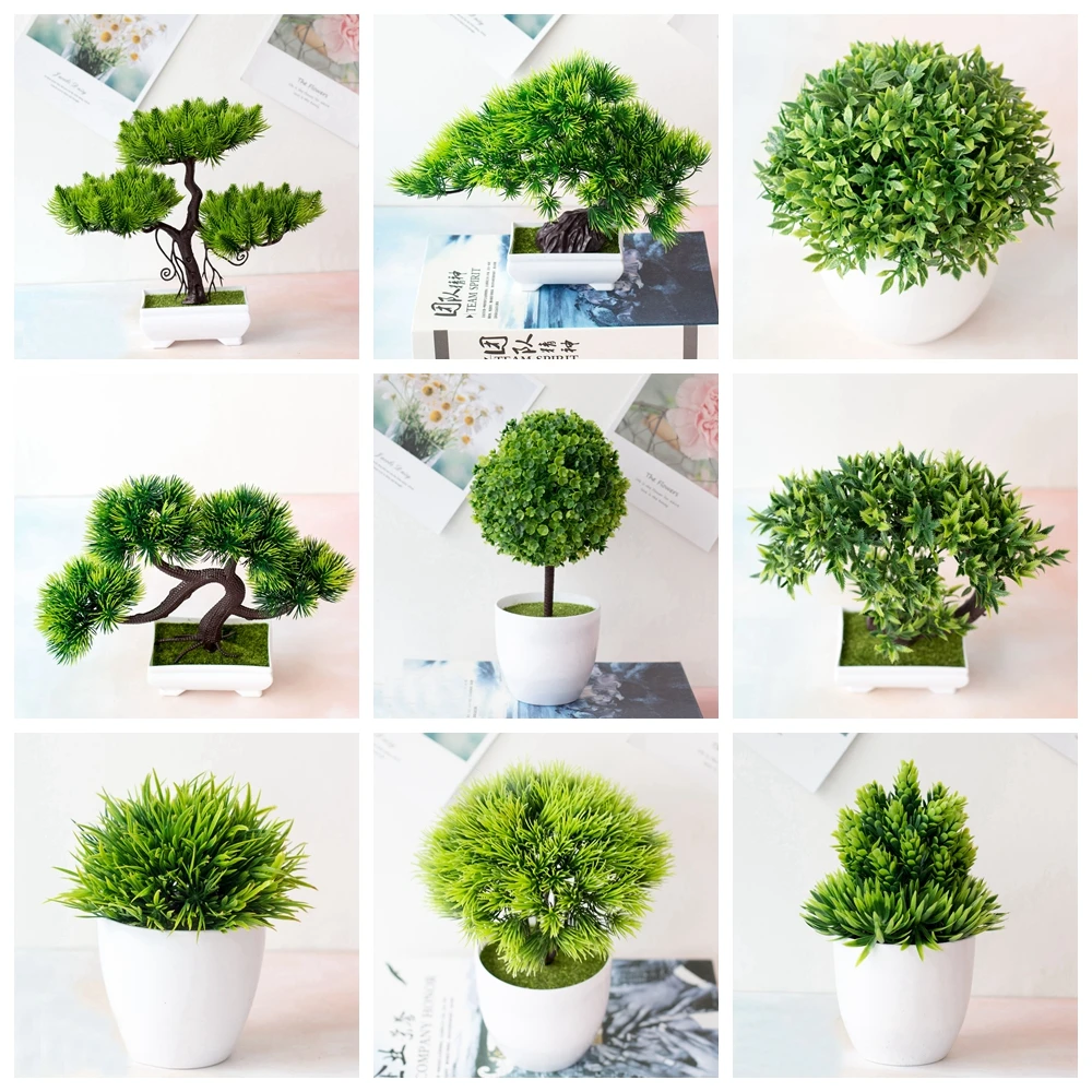 

39Styles Green Artificial Plants Bonsai Small Tree Grass Flower Potted Bonsai Christmas Halloween Wedding New Year Home Decor