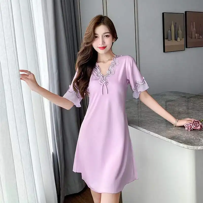 Women Ice Silk Sleepwear Nightdress Homewear Nightwear Pyjamas Female Lace Sleepwear V-neck Nightgown Ladies Pajamas Plus Size