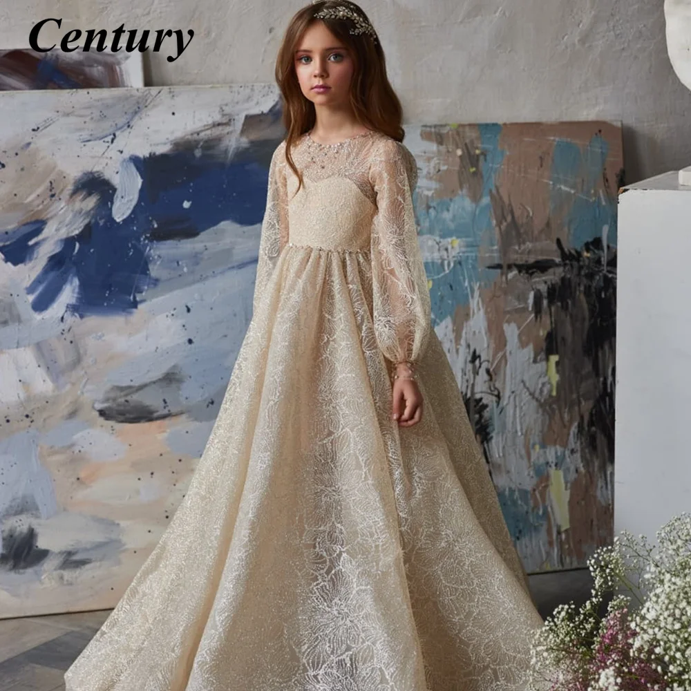 

Century O Neck Flower Girl Dress Long Sleeves Party Dresses Beading Communion Dresses Glitter Dress For Girls Child Girl Dress