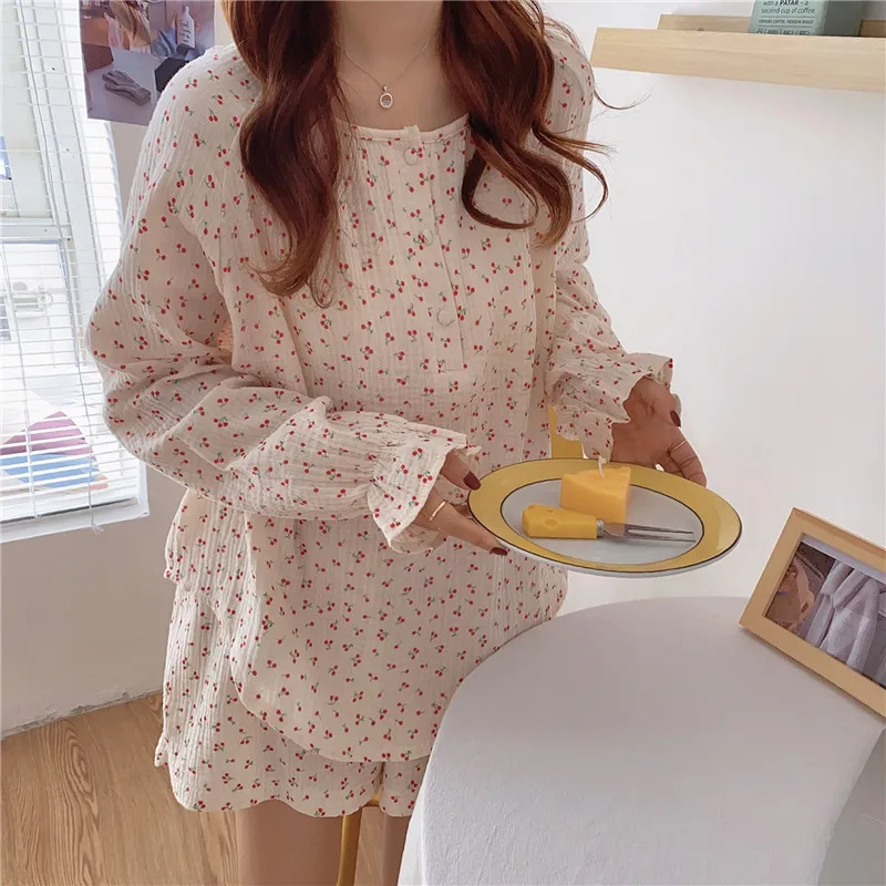 

Korean Pajama Mujer Cherry Print Cotton Yarn Sleepwear Set Long Sleeve Top+Shorts Ruffle Homewear Skin-Friendly Breathable S1029