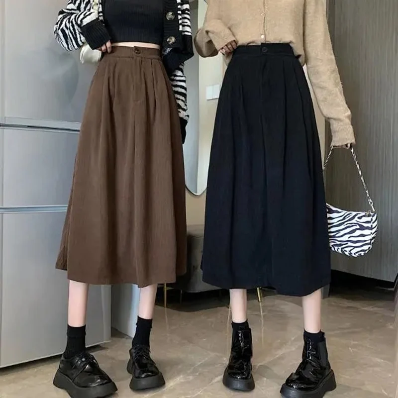 

Rimocy Korean Corduroy Women's Midi Skirt Spring Autumn Solid Color High-waisted Skirt Woman A Line Long Skirts Ladies 2022