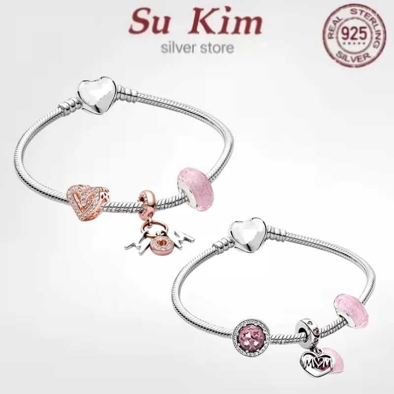 

Hot Sale High Quality Real 100% 925 Sterling Silver pan bracelet Love heart bracelet For Women Fit Original DIY Charm Jewelry