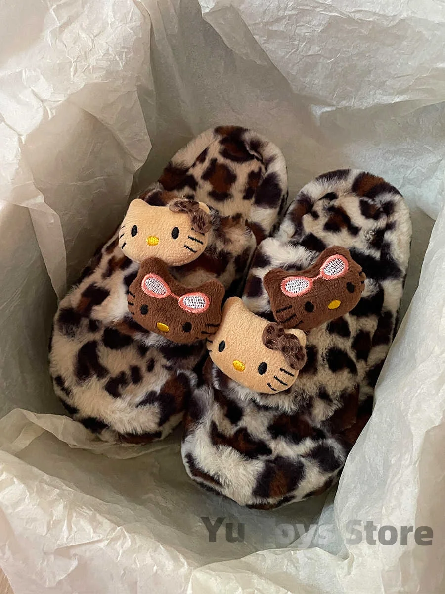 Sanrio Y2k Hello Kitty Leopard Print Plush Slipper Autumn And Winter Spicy Girl Thick Bottom Fashion Non-Slip Home Shoes