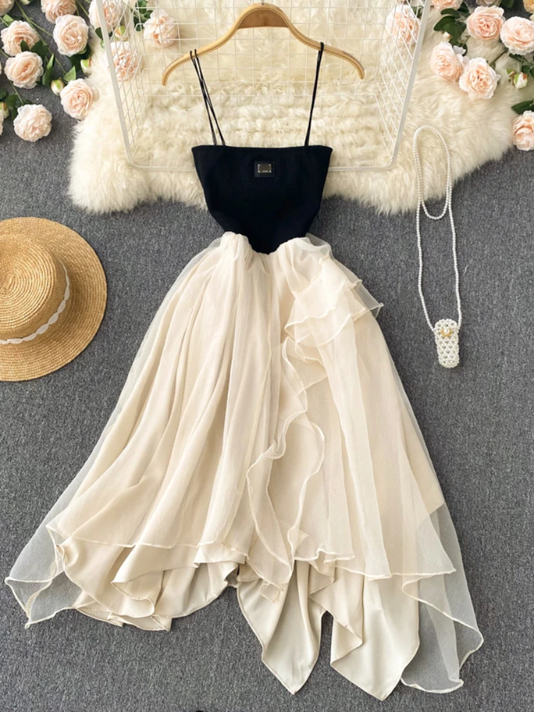 

Lady Summer New Temperament Asymmetrical Patchwork Mesh Chiffon Sling Dress Vacation Sey Backless Party Summer Dresses YQ052