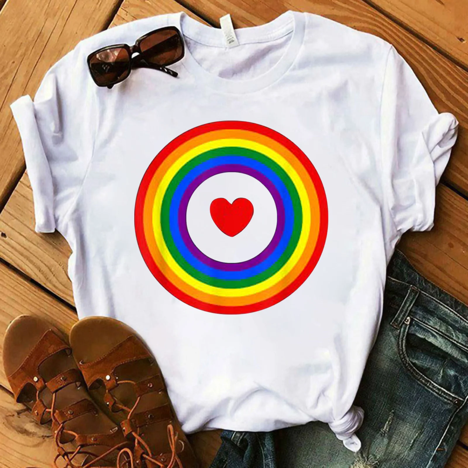 

Rainbow Ring Target Heart Print Women T Shirt Short Sleeve O Neck Women Tshirt Ladies Tee Shirt Tops Camisetas Mujer DW341