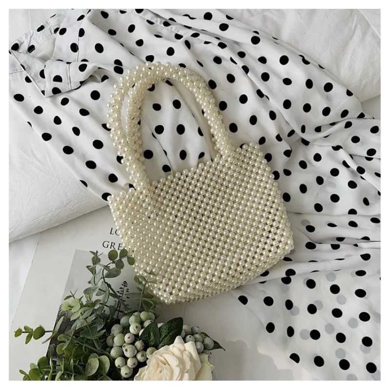 

Fashion Handmade Pearl Beaded Bag for Women Ladies Wedding Party Handbag Hand Woven Hollowed Out Shoulder Bag Girlfriend Gift