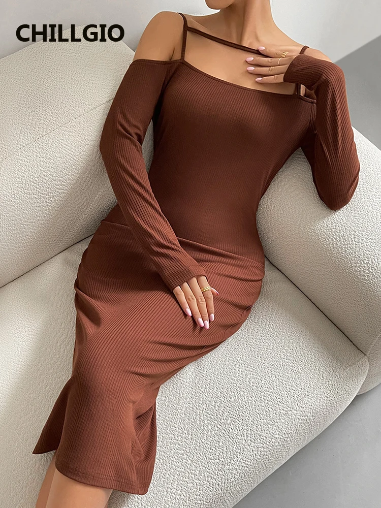 

CHILLGIO Women Strap Pencil Dress Fashion Autumn Elegant Solid Slim Long Sleeve Vestidos Off Shoulder Midi Long Sheath Dresses