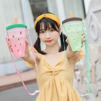 cute popsicle cup watermelon ice cream water bottle with straw plastic water bottles for girls antifall portable drinking bottle