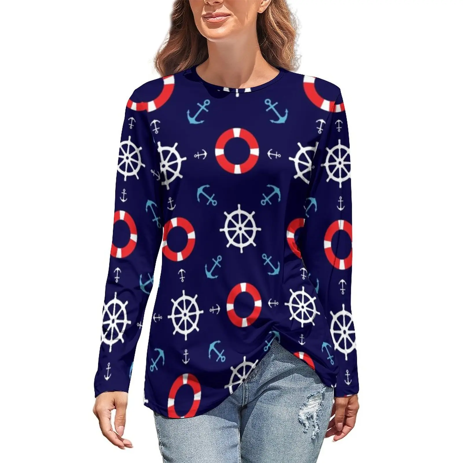

Nautical Sailors Pattern T Shirts Anchor Print Funny T-Shirt Autumn Long Sleeve Street Style Tops Oversized Pattern Clothing