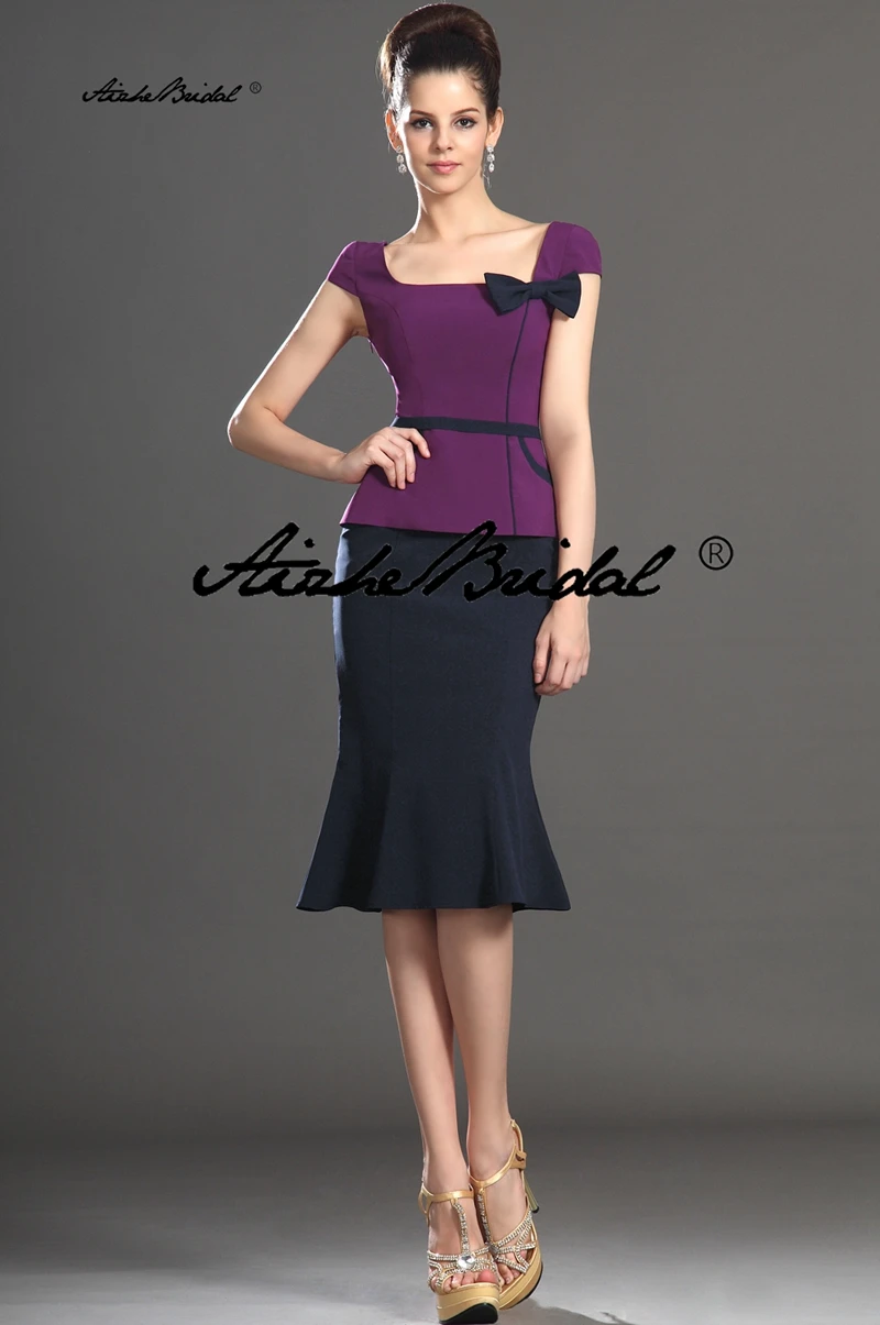 

Mermaid Cap Sleeves Mother Of The Bride Dresses With Bow Knee Length Plus Size Short Groom Mother Dresses